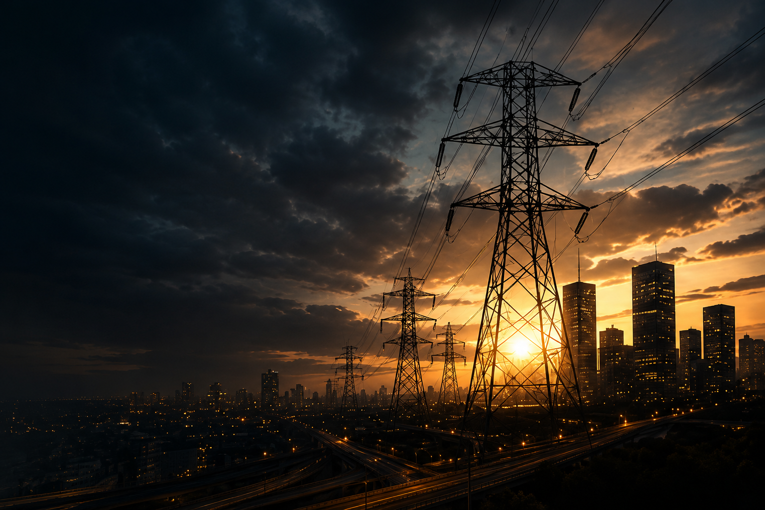 A&M HEITEC Elektrotechnik – Strommasten und Berliner Skyline bei Sonnenuntergang